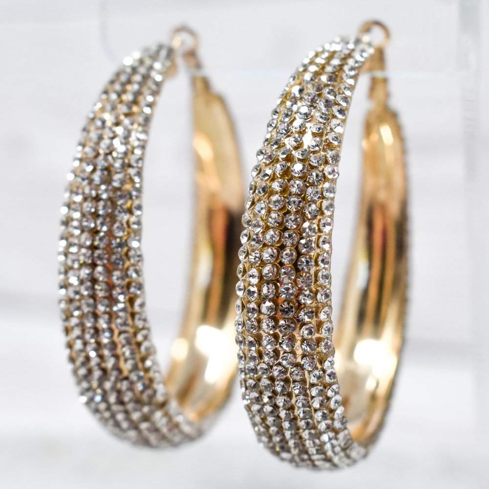 2.25" SEMI WIDE PAVE CLEAR RHINESTONE GOLD HOOPS